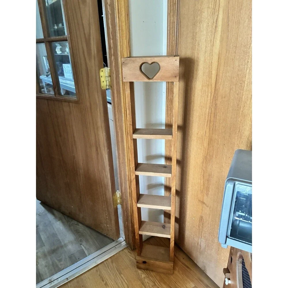Vintage Country Wood 5 Tier Display Shelf Heart Cutout Primitive Farmhouse 48”